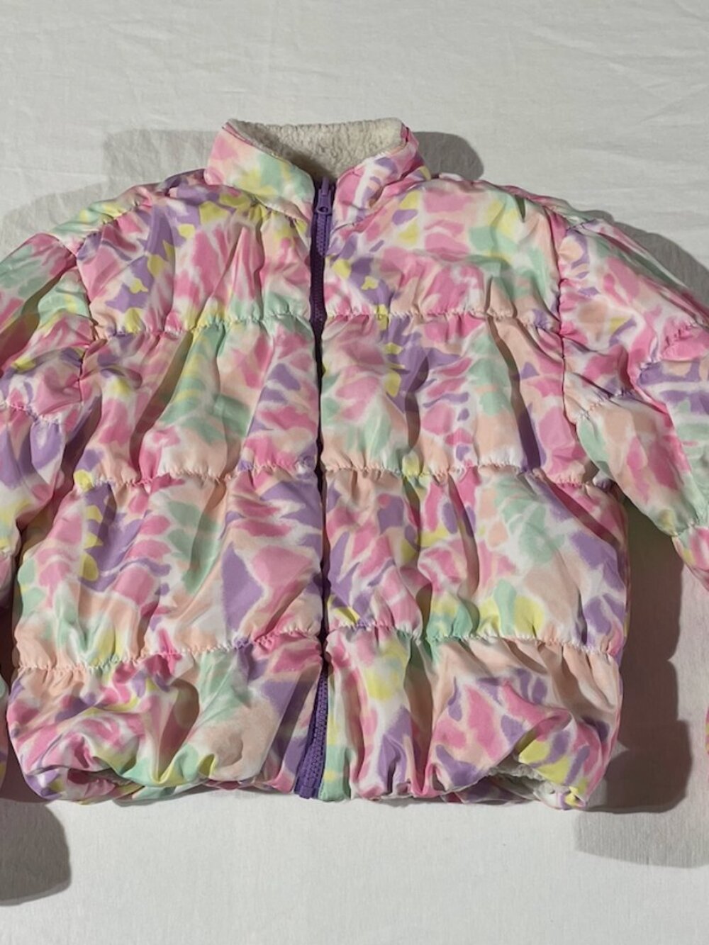 Ideology Pastel Watercolor Print Cropped Puffer Jacket Cozy Sherpa Teddy Lined Y
